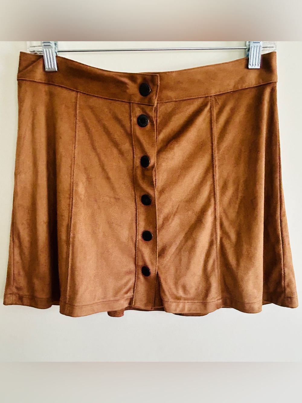 American Eagle Outfitters Faux Suede Button-Front Skater Skirt in Cognac Brown